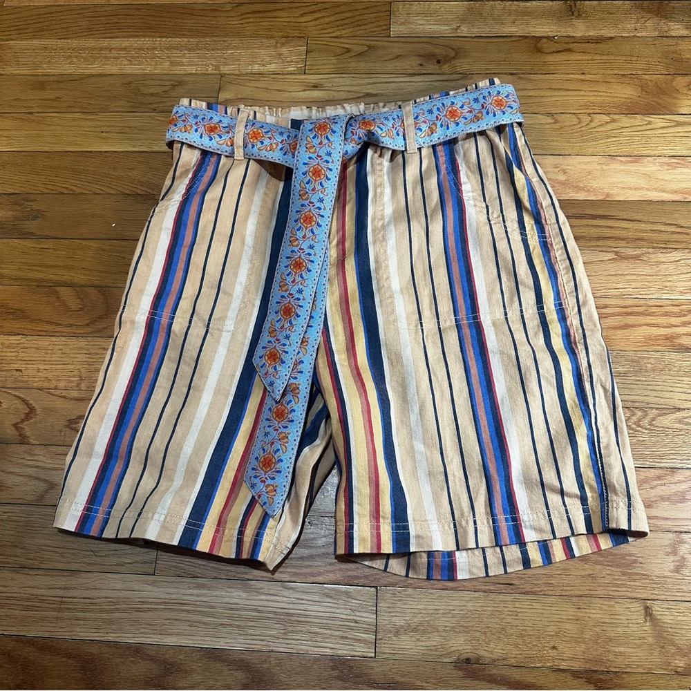 Soft Surroundings Summer Breeze Striped Linen Blend Belted Shorts Small